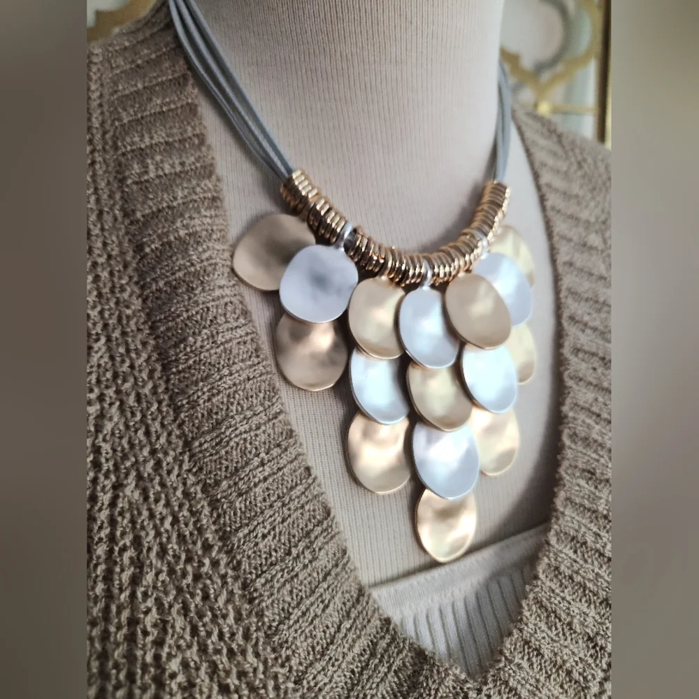 💛Goldtone and Silvertone🤍 Disc Statement Piece w/ Silvertone Cord Necklace - Picture 5 of 16